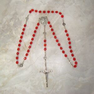 Vintage Rosary Red Faceted Stone Bead Silver Tone Crucifix Religion Pray *ESTATE